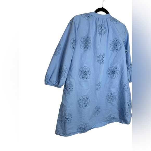 Zara Light Blue Eyelet Floral Mini Dress Long Sleeve Size Medium - Picture 9 of 13